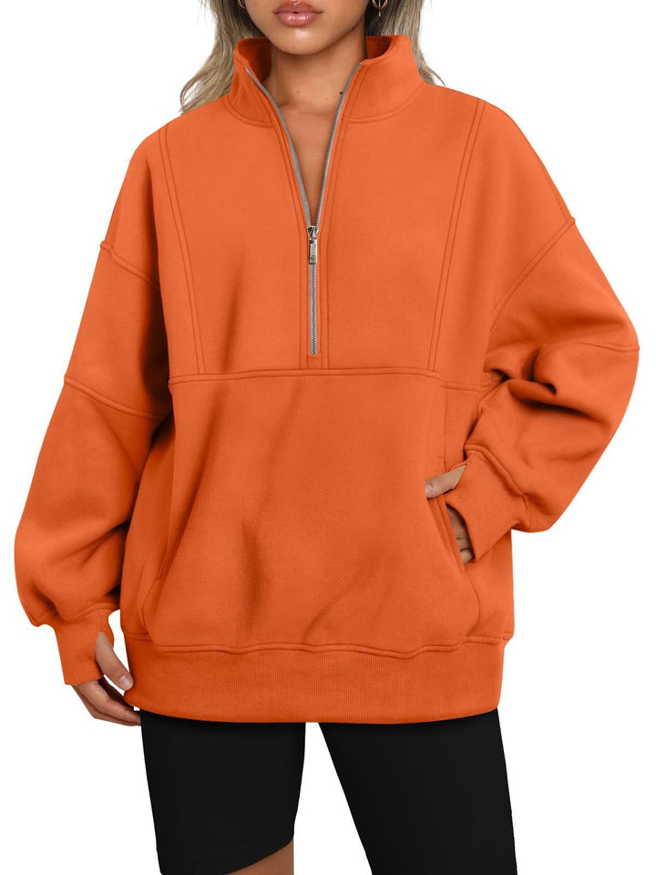 Damen Oversize-Sweatshirt mit halbem Reißverschluss, Stehkragen und Kängurutasche Drune