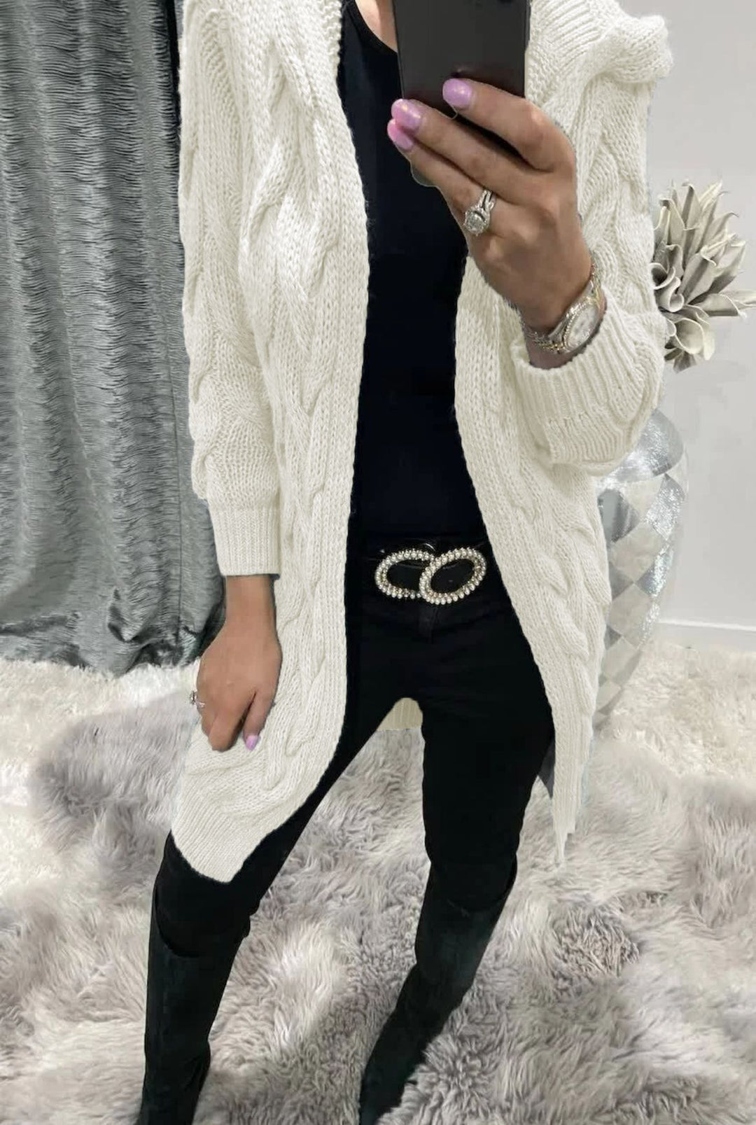 Damen Grobstrick-Cardigan mit nostalgischem Zopfdesign und praktischen Taschen Drune