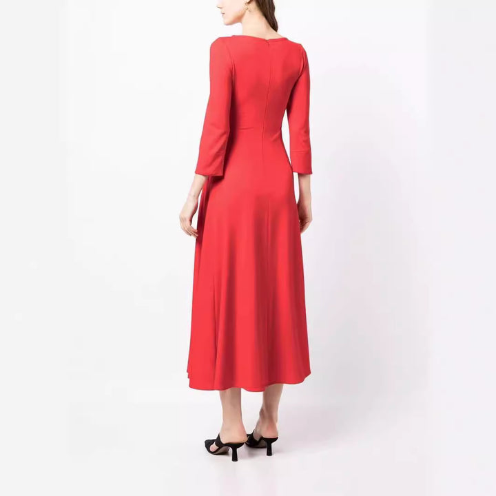 Damen Elegantes Midikleid mit tailliertem A-Linien-Schnitt und dreiviertel Ärmeln Drune