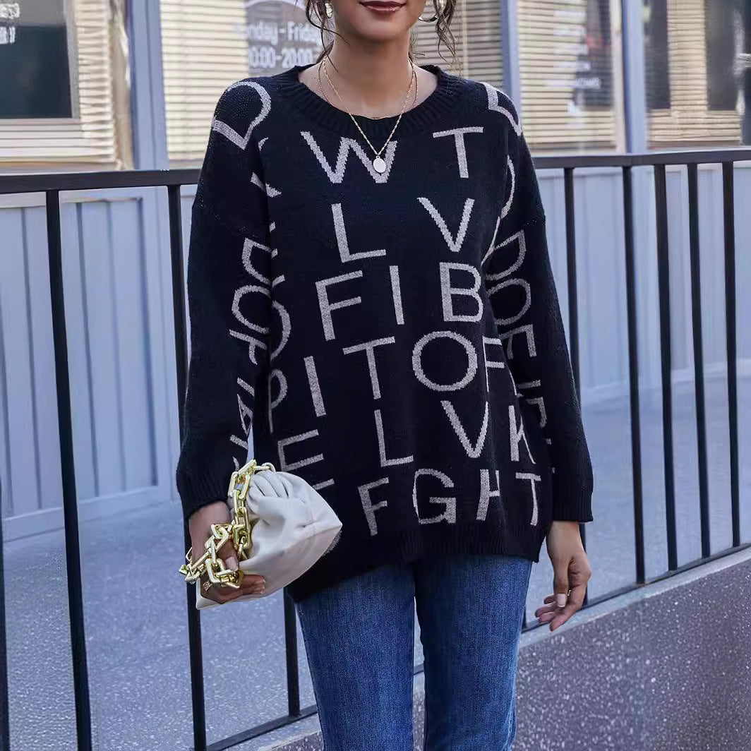 Damen Lässiger Oversized Pullover mit einem kreativen Schriftzug Drune