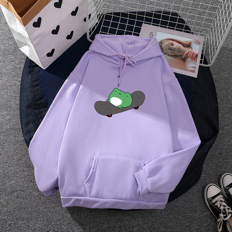 Unisex nan Kapuzenpullover mit Skater-Frosch-Print, weichem Fleece-Innenfutter und Kängurutasche Drune