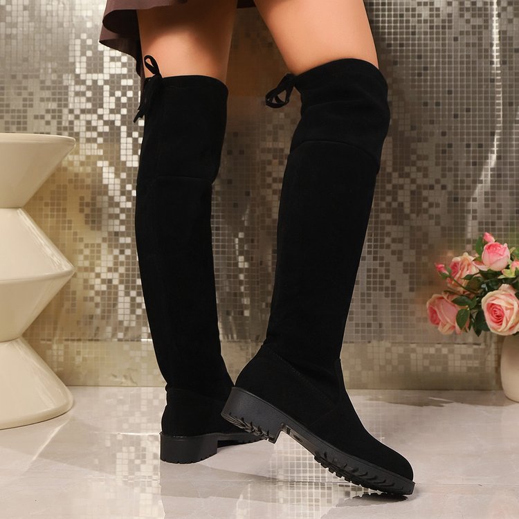 Damen Overknee‑Stiefel aus Veloursoptik mit niedrigem Blockabsatz und profilierter Gummisohle Drune