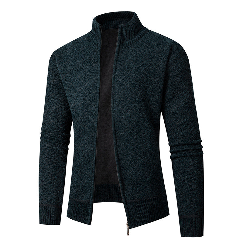 Herren Thermo-Strickjacke mit durchgehendem Reißverschluss, gefüttertem Stehkragen und geometrischem Strukturmuster Drune