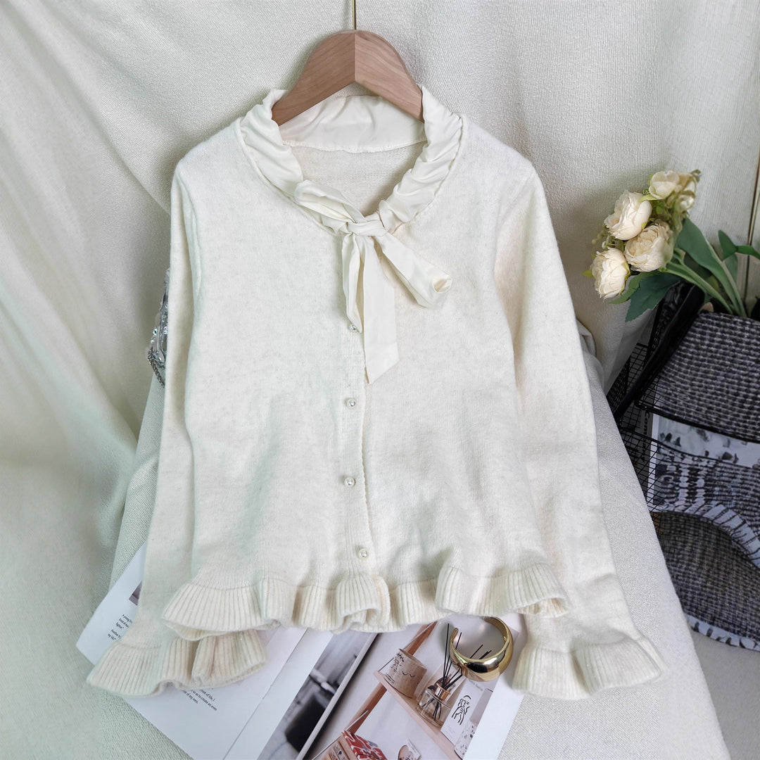 Damen elegante Strickjacke mit Rüschen und Schleifenkragen Drune