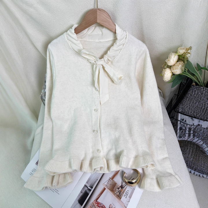Damen elegante Strickjacke mit Rüschen und Schleifenkragen Drune