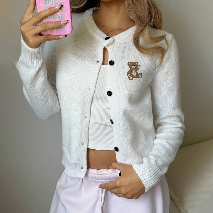 Damen Strickjacke mit niedlichem Bären-Design und Knopfverschluss Drune