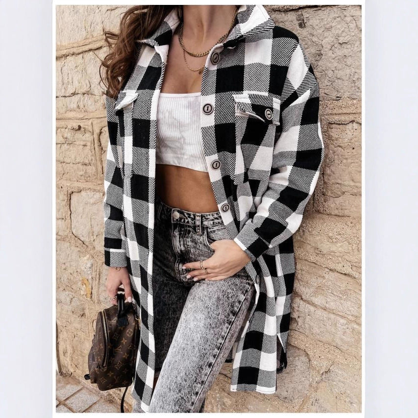 Damen Oversized Karo-Hemdjacke mit praktischen Taschen und Knopfdetails Drune