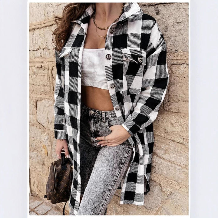 Damen Oversized Karo-Hemdjacke mit praktischen Taschen und Knopfdetails Drune