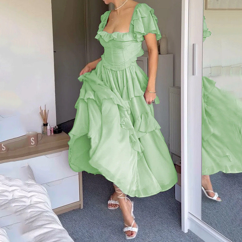 Damen Verspieltes Rüschendetails Maxikleid mit corsage-förmigem Oberteil Drune