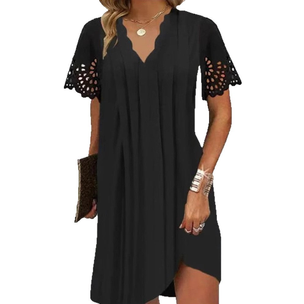 Damen nan leichtes Sommerkleid mit gezacktem V-Ausschnitt Ajourärmeln und geschwungenem Saum Drune