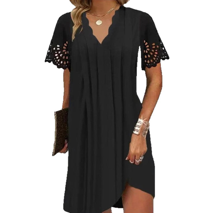 Damen nan leichtes Sommerkleid mit gezacktem V-Ausschnitt Ajourärmeln und geschwungenem Saum Drune