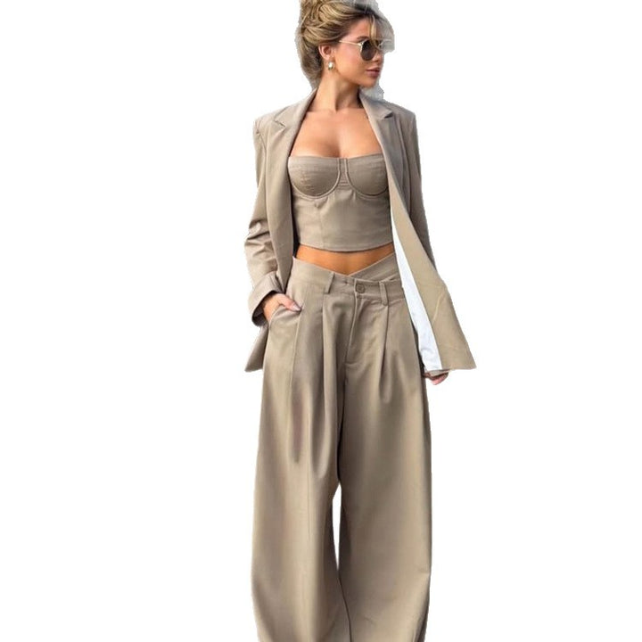 Damen Dreiteiliges Tailoring-Set mit Korsagen-Top, Oversized-Blazer und plissierter Weitbein-Hose Drune