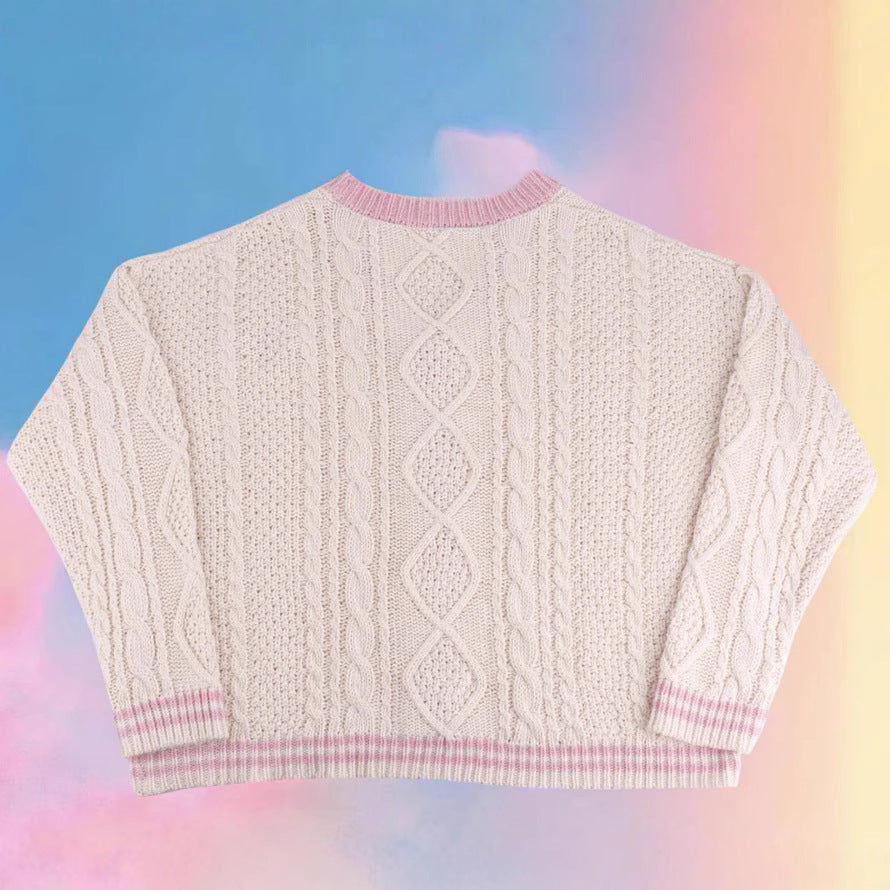 Damen nan gestrickte Cardigan mit Zopfmuster V-Ausschnitt und Herz- und Sternapplikationen Drune