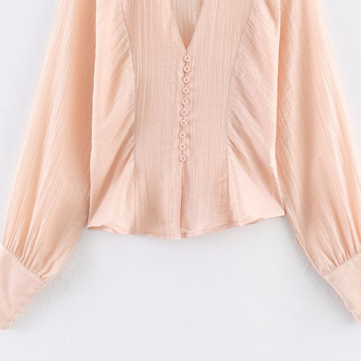 Damen elegante Bluse mit tiefem V-Ausschnitt und strukturierten Ärmeln Drune