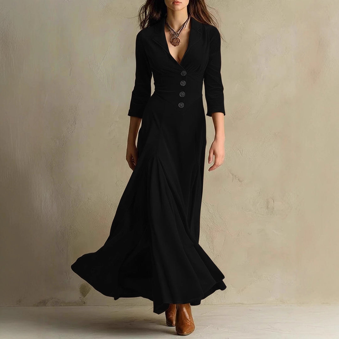 Damen Samt-Midaxi-Kleid mit tailliertem Sakko-Oberteil, V-Ausschnitt und weitem Stufenrock Drune