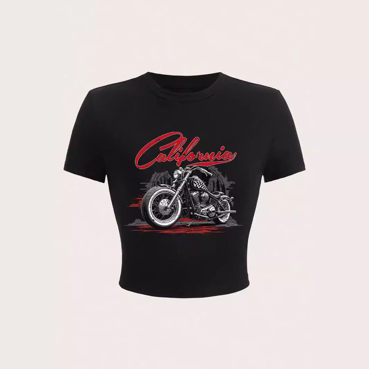 Damen Kurzarm T-Shirt mit auffälligem Motorrad-Design Drune