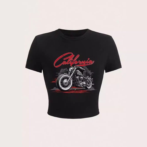 Damen Kurzarm T-Shirt mit auffälligem Motorrad-Design Drune