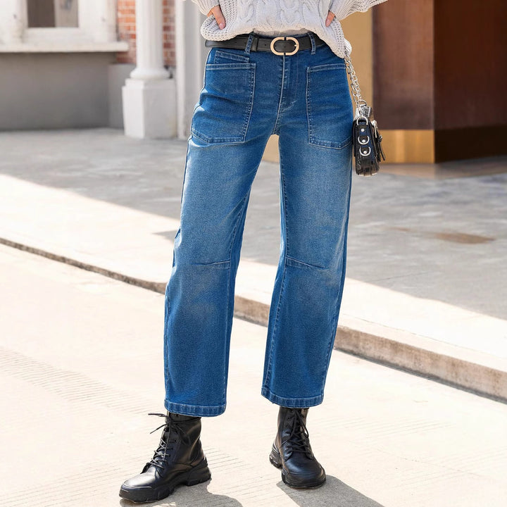 Damen nan lässige Canvas-Hose mit hohem Bund, weitem Bein und aufgesetzten Taschen Drune