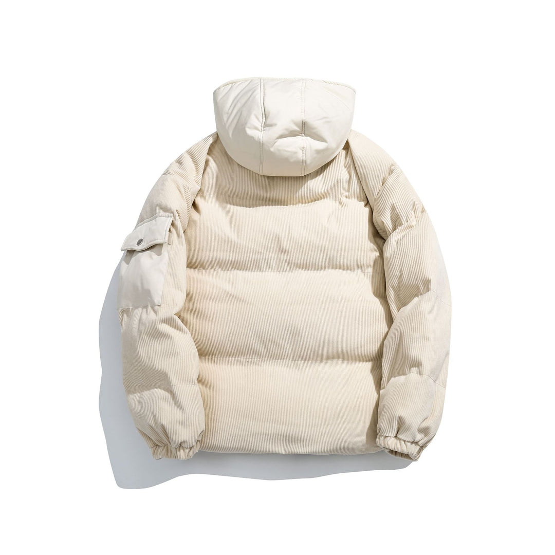Damen Cord-Stepp-Pufferjacke mit Kapuze und Utility-Ärmeltasche Drune