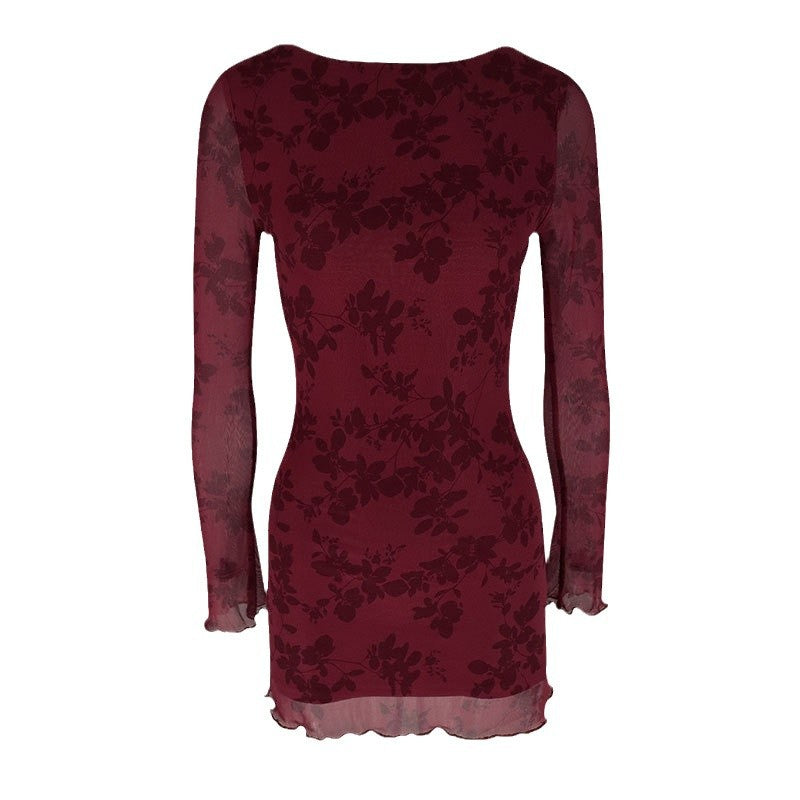 Damen Floral Minikleid mit transparenten Ärmeln Drune