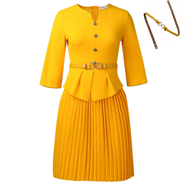 Damen Plissee Kleid mit taillierter Bluse und modischem Gürtel Drune