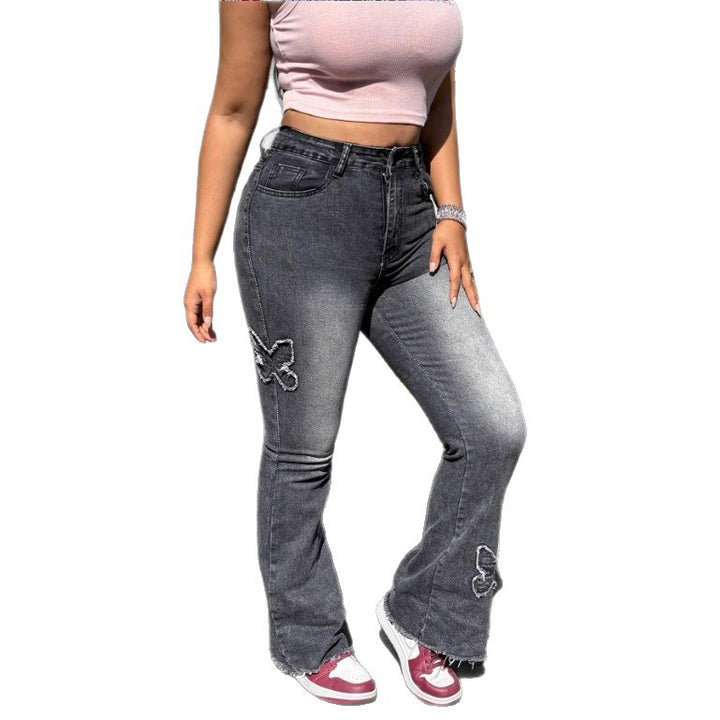 Damen Hochtaillierte Flared-Jeans mit Schmetterlingsstickerei, rohem Saum und sculptendem Stretchbund Drune