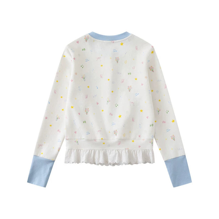 Damen Knopfleisten-Cardigan mit Spitzenvolant, pastelligem Allover-Print und Kontrastbündchen Drune