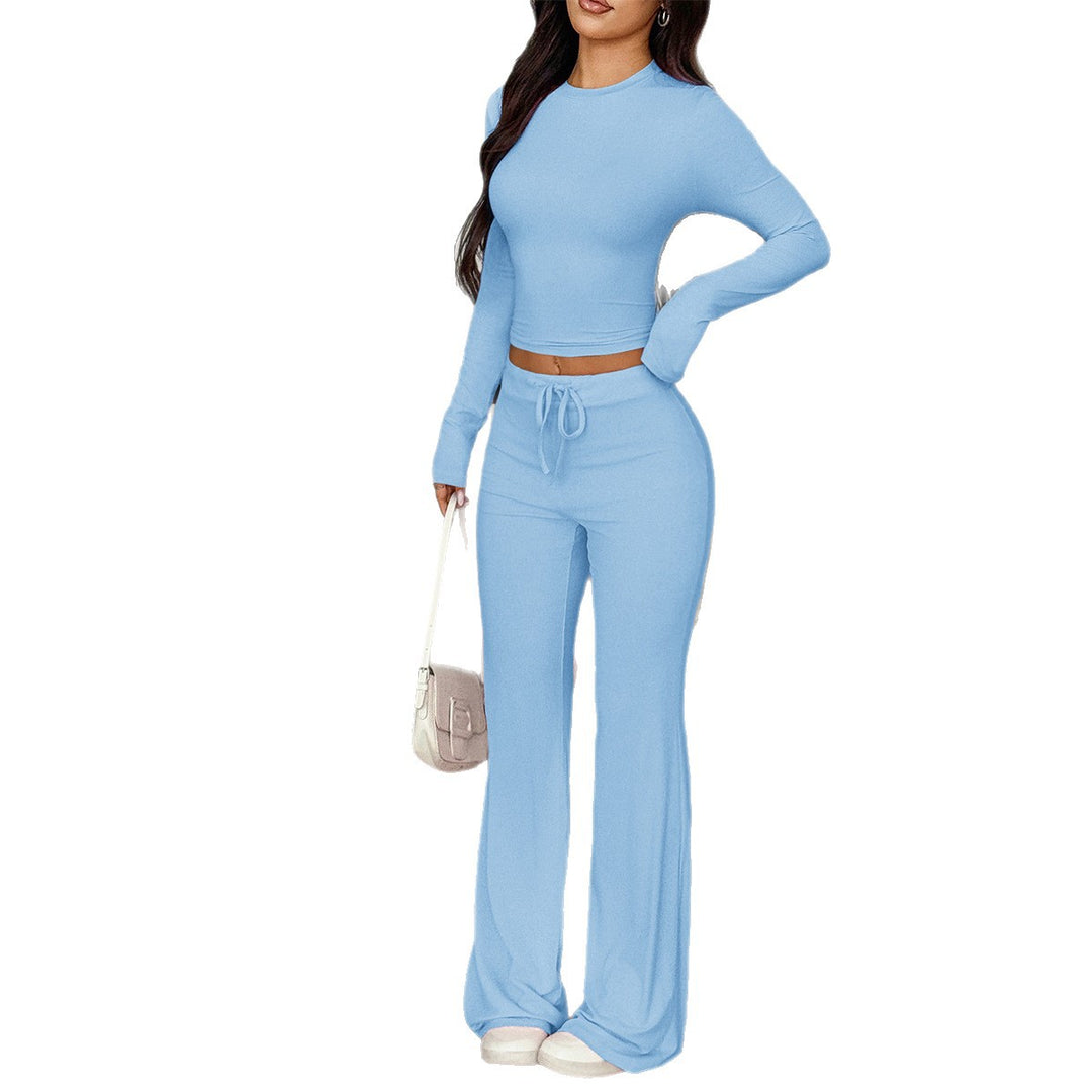 Damen lässiges Lounge-Set mit cropped langarm Oberteil und weitem Hose Drune