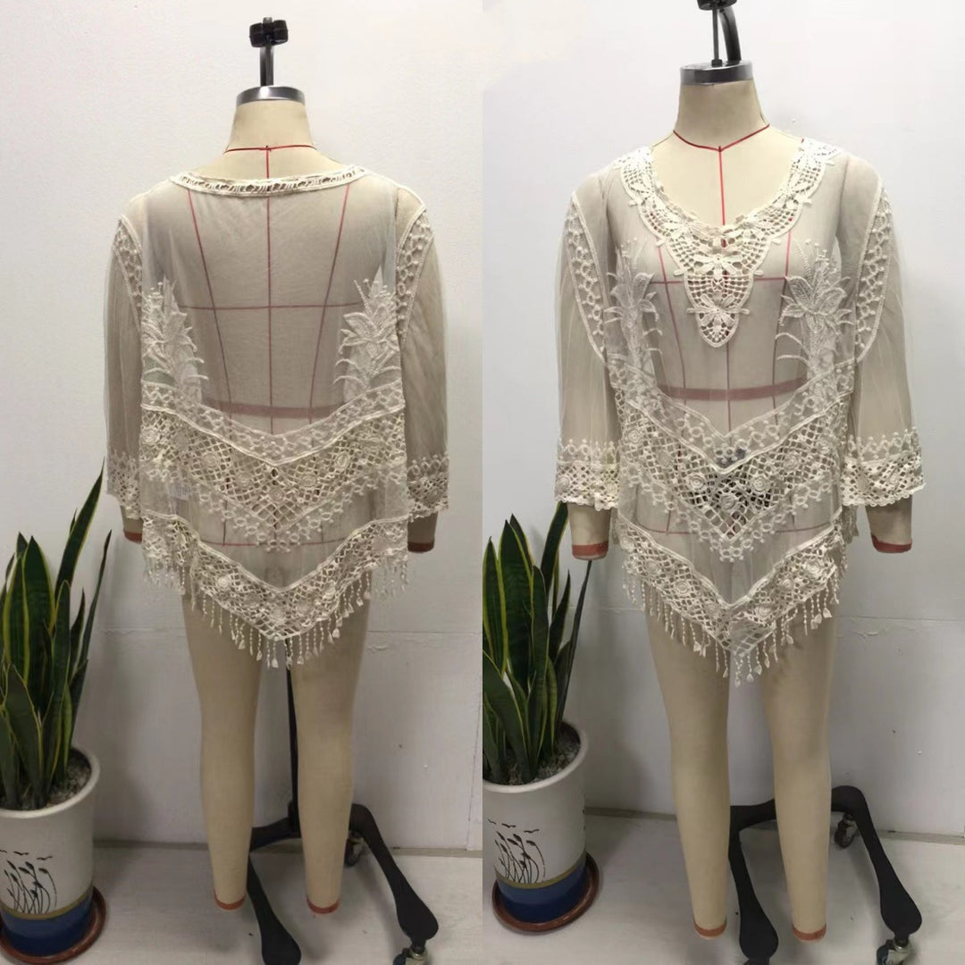 Damen Häkel-Strandtunika mit eleganten Fransen Drune