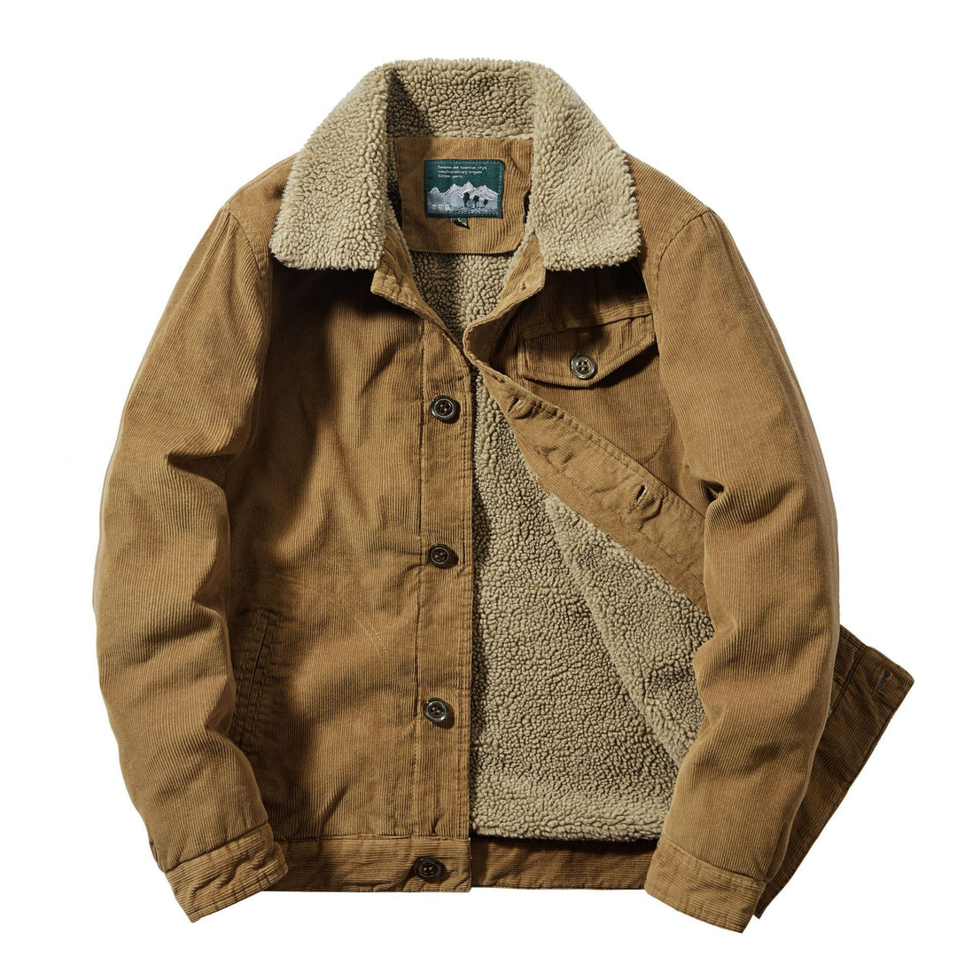 Herren Cord-Truckerjacke mit durchgehendem Sherpa‑Futter und Hemdkragen Drune