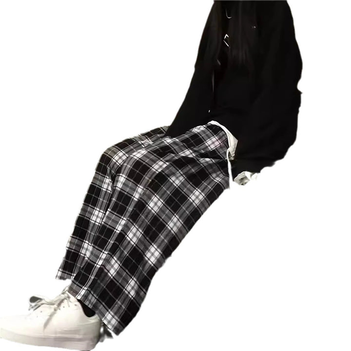Damen weite Karohose mit elastischem Bund und Bindegürtel Drune