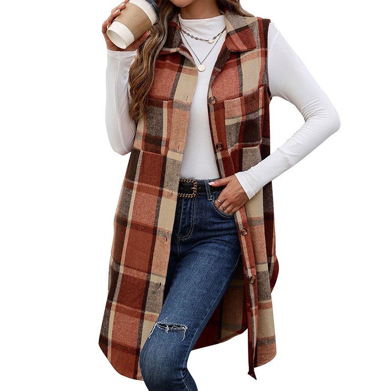 Damen Langer Karo-Weste mit Taschen Drune
