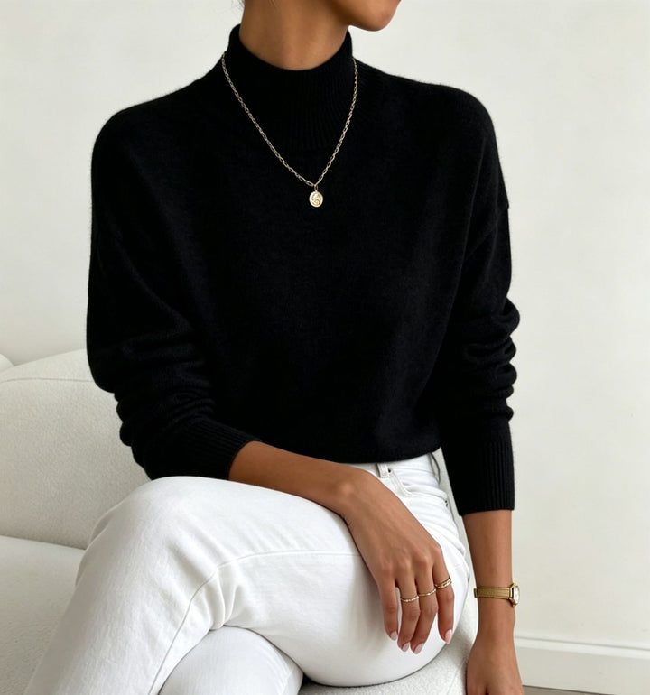 Damen kuscheliger Feinstrickpullover mit Stehkragen und überschnittener Schulter Drune