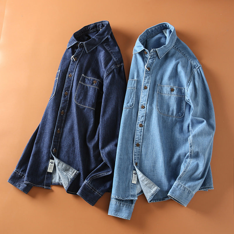 Herren Klassisches Denim-Hemd mit Brusttaschen Drune