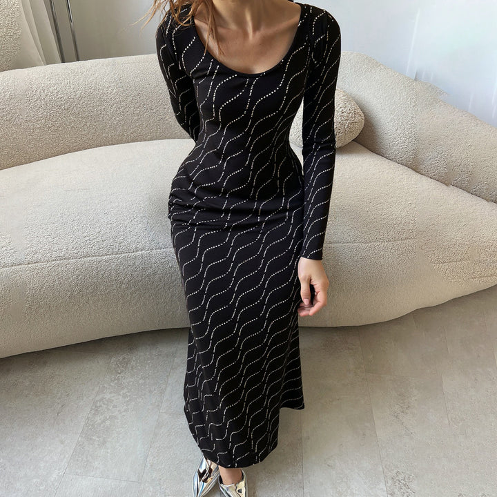 Damen nan langärmeliges Bodycon-Mermaid-Abendkleid mit Wellen-Strassbesatz Drune