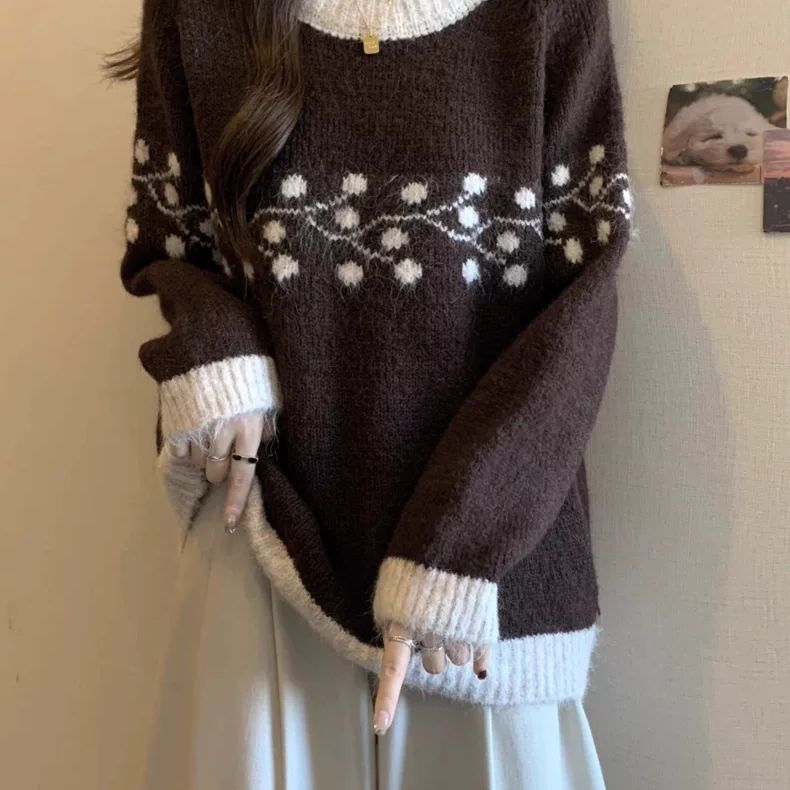 Damen Weicher Strickpullover mit floralem Muster und kontrastierenden Spitzen Drune