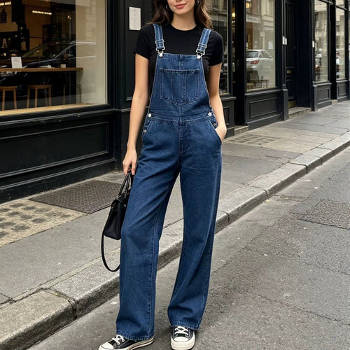 Damen nan weite Denim-Latzhose mit hoher Taille, verstellbaren Trägern und lässigem Schlag Drune