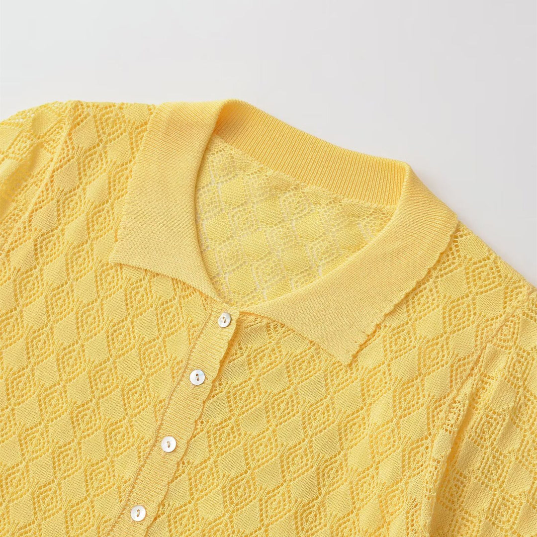 Damen Kurzarmpullover mit luftiger Lochstruktur und elegantem Kragen Drune