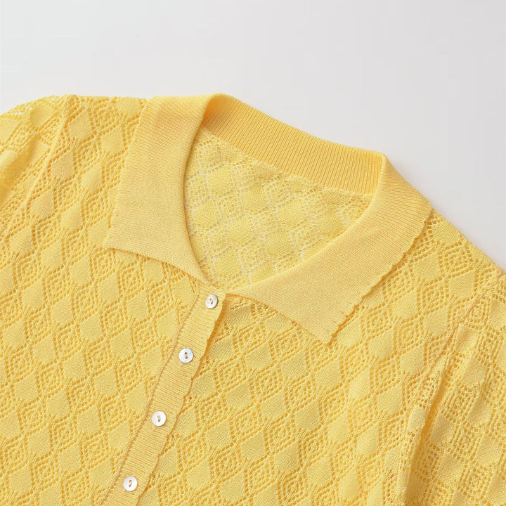 Damen Kurzarmpullover mit luftiger Lochstruktur und elegantem Kragen Drune