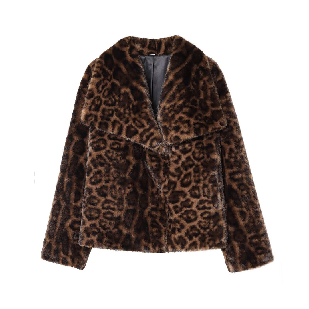 Damen nan kurze Kunstfelljacke mit Wildmuster, V-Ausschnitt und taillierter Silhouette Drune