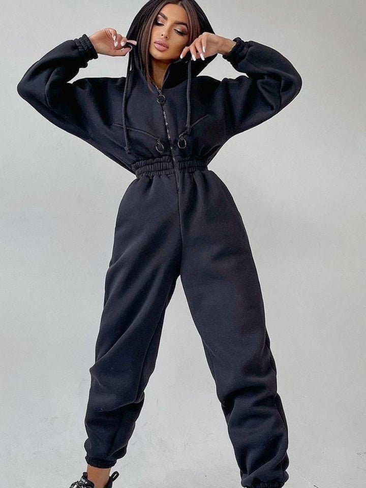 Damen Taillierter Kapuzen-Sweat-Jumpsuit mit Reißverschluss und elastischem Taillenbund Drune