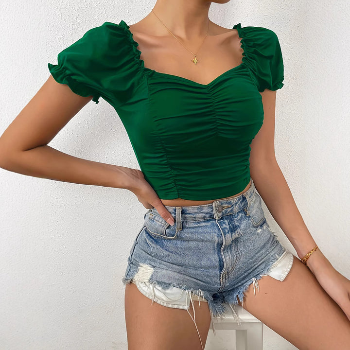 Damen figurbetontes Crop-Top mit Puffärmeln und Raffung Drune