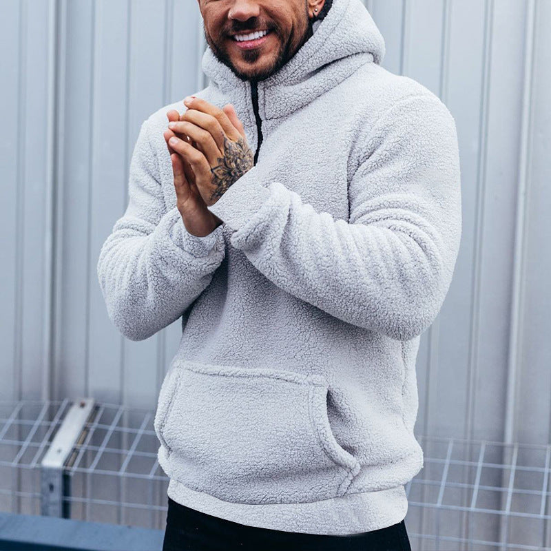 Herren kuscheliger Sherpa-Hoodie mit Kängurutasche und hohem Kragen Drune