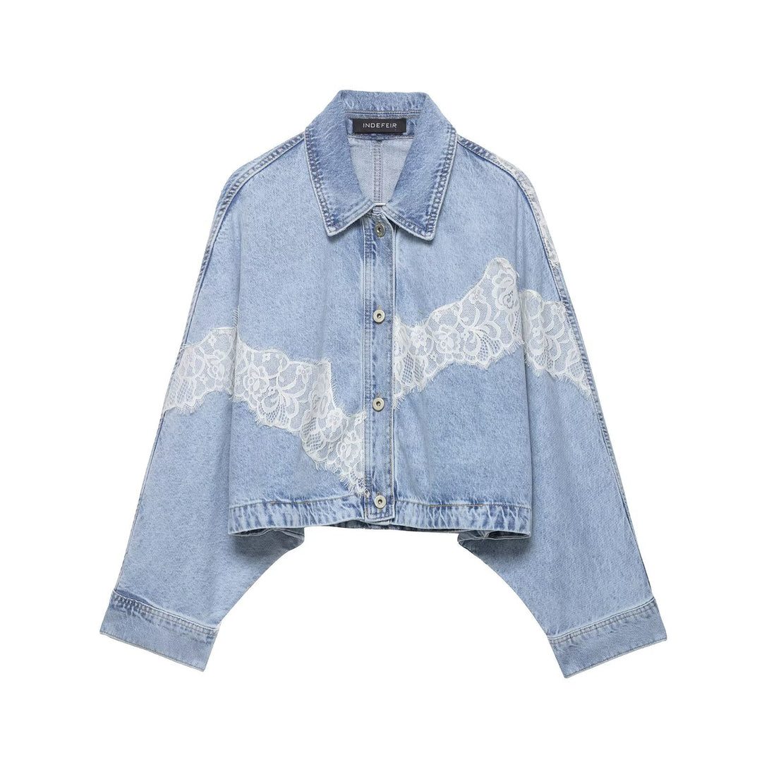 Damen Kurz geschnittene Oversize-Jeansjacke mit Spitzendetail und Fledermausärmeln Drune