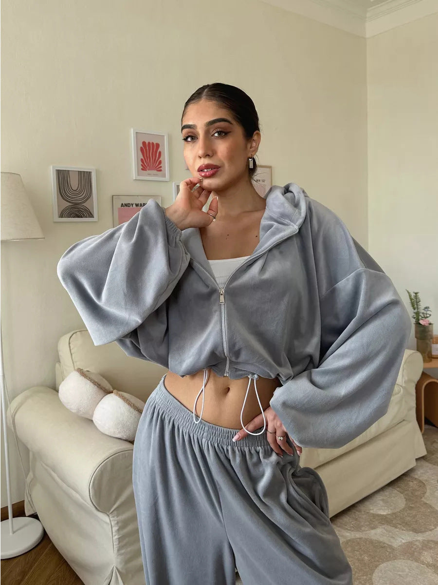 Damen kurzes Kapuzenzipper-Lounge-Set mit oversized Ärmeln und weitem Jogginghose-Schnitt Drune