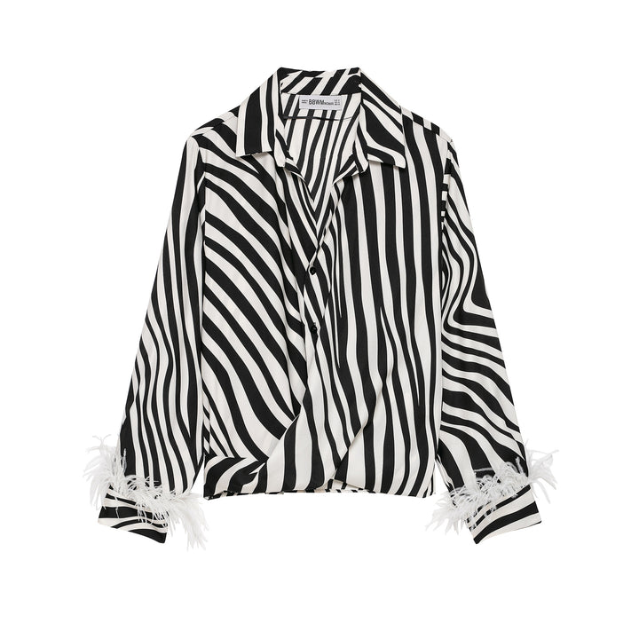 Damen Gestreifte Cropped-Bluse im Hemdstyle mit Federbesatz Drune