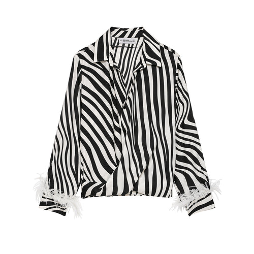 Damen Gestreifte Cropped-Bluse im Hemdstyle mit Federbesatz Drune