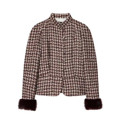 Damen Kurze Bouclé-Tweed-Jacke mit Stehkragen und Kunstfellmanschetten Drune