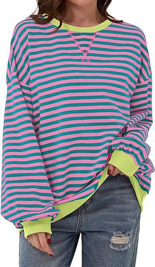 Damen Lässiges Oversize-Streifen-Sweatshirt mit Raglanärmeln und Kontrastbündchen Drune