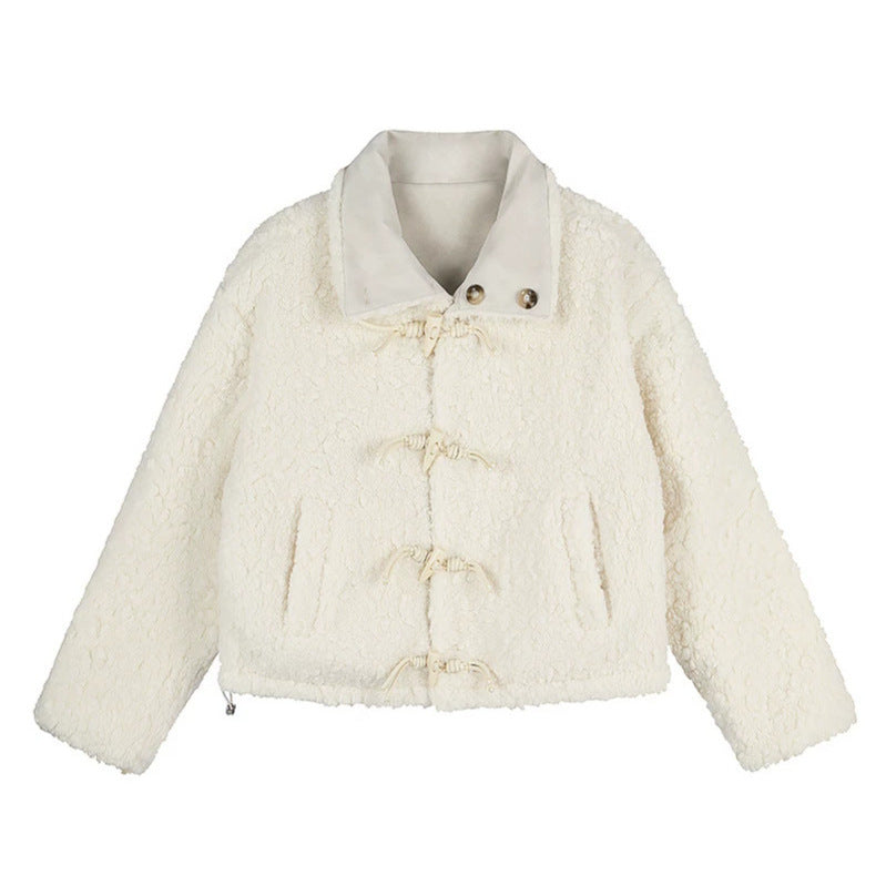 Damen Kurzgeschnittene Lammfell‑Optik Fliegerjacke mit Teddyfutter und Reverskragen Drune